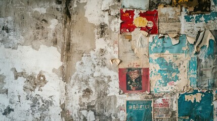 Old cement wall with vintage posters peeling off, urban history and nostalgic vibe -