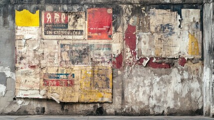 Fototapeta premium Old cement wall with vintage posters peeling off, urban history and nostalgic vibe -
