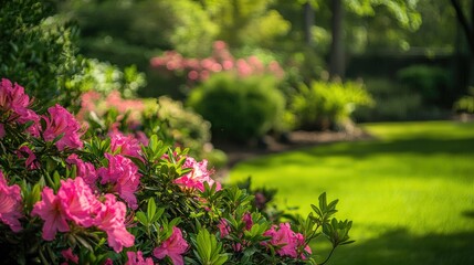 Obraz premium Pink azaleas blooming in a garden, vibrant and lush, springtime beauty