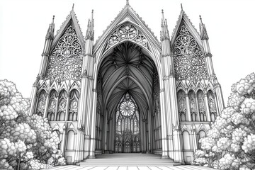 Fototapeta premium An intricate engraving of a Gothic cathedral, emphasizing the detailed architecture and stained glass windows