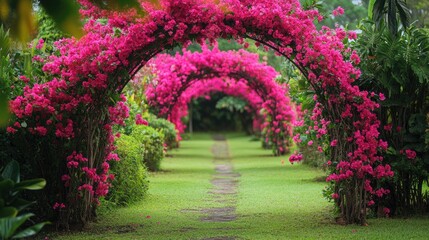 Fototapeta premium Pink bougainvillea archway in a garden, vibrant and lush, tropical floral display