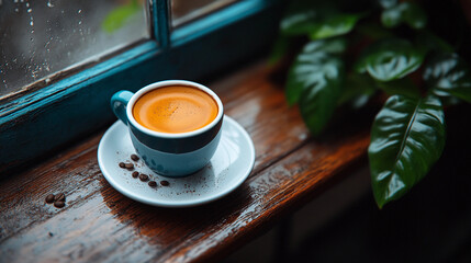 A vibrant cup of coffee rests on a wooden sill, accompanied by coffee beans while raindrops tap against the window, creating a warm, inviting atmosphere