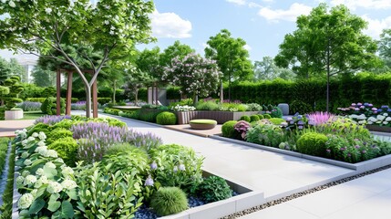Residential garden with layered planting and integrated seating areas, Residential landscape design plans, Functional and beautiful home garden