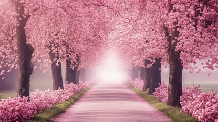 Naklejka premium Pink cherry blossom tree lining a path, tranquil and peaceful, walking through spring