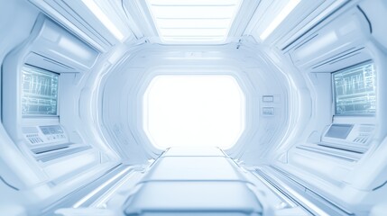 Fototapeta premium Futuristic corridor with sleek design and advanced technology, illuminated with bright light. Ideal for science fiction settings.