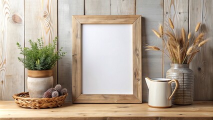 Blank wooden frame mockup in farmhouse style with neutral colors , farmhouse, wooden, frame, blank, mockup