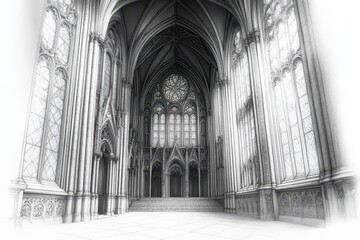 An intricate engraving of a Gothic cathedral, emphasizing the detailed architecture and stained glass windows