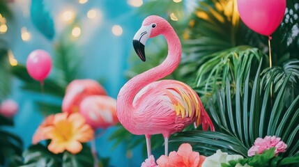 Obraz premium Pink flamingo-themed party decorations, fun and festive, tropical celebration