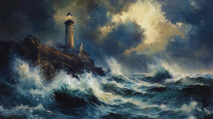 Fototapeta premium Dramatic seascape with a lighthouse on a rocky coast, surrounded by turbulent waves and stormy clouds, capturing the power of nature.