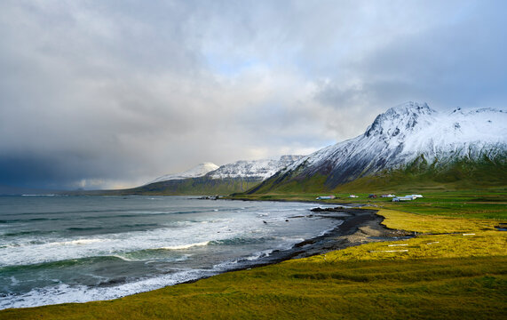 The farms Melar. Landscape in the Arneshreppur at bay Trekyllisvik. The Strandir in the Westfjords (Vestfirdir) in Iceland during autumn.