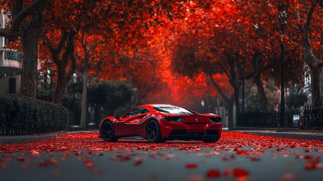 Ferrari deportivo rojo en una calle cubierta de hojas oto&ntilde;ales, rodeado de &aacute;rboles con un intenso follaje rojo, vista