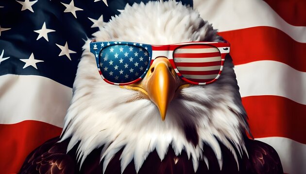 Portrait of a bald eagle wearing a American stars and stripes patriotic sunglasses. 4th July holiday