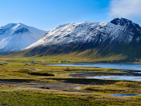 Village Arnes. Landscape in the Arneshreppur at bay Trekyllisvik. The Strandir in the Westfjords (Vestfirdir) in Iceland during autumn.