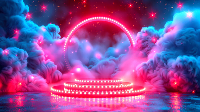 A glowing neon pink round pedestal in blue clouds. A beautiful background for advertising a product. The concept of the stage design for the New Year's party - Powered by Adobe