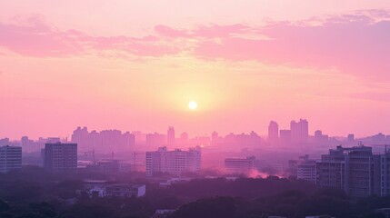 Pink sunset over a city skyline, peaceful and serene urban landscape, pastel evening light -