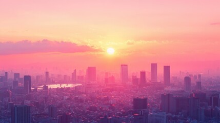 Fototapeta premium Pink sunset over a city skyline, peaceful and serene urban landscape, pastel evening light -