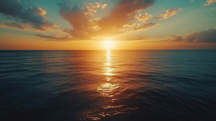 Witness the ethereal blend of sea and sky at sunset from a mesmerizing aerial perspective captured by a drones lens Flight over the ocean Ocean loop video background : Generative AI