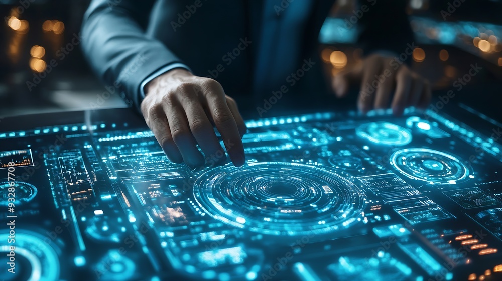 Poster Ai Businessman working with modern interface Business analytics Big data technology and data science Data flow conceptBusiness computing digital composite : Generative AI