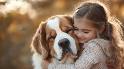 Hug dog and girl child in outdoor park for affection friendship or cuddle pet in nature Back animal and young kid with embrace for canine companion Saint Bernard or bonding together wi : Generative AI