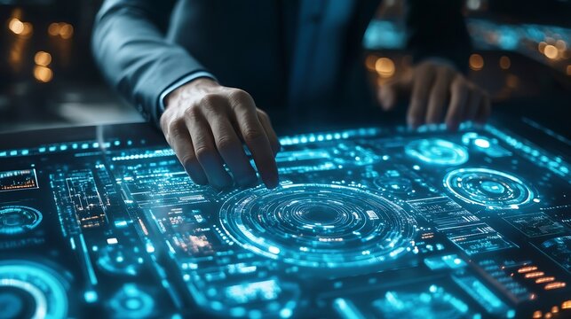 Ai Businessman working with modern interface Business analytics Big data technology and data science Data flow conceptBusiness computing digital composite : Generative AI