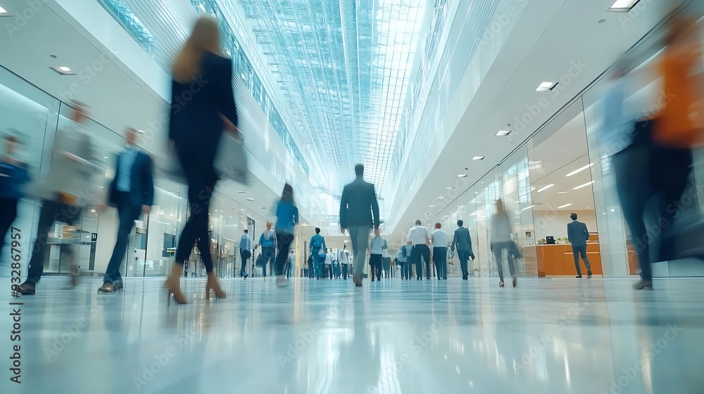 Aufkleber business people walking in the corridor of an business center pronounced motion blur crowded bright modern light office movement defocused office background busy talking and rushing in : Generative AI