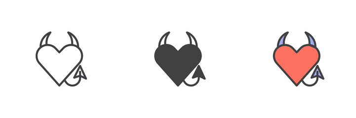 Heart with horns and a tail different style icon set