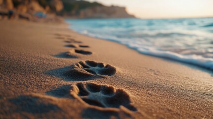 Dogs footprint on the beach Dog paw prints on the sand loneliness concept footprints in the sand of a beach near the ocean : Generative AI