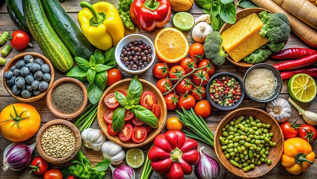 Assortment of fresh, colorful, and organic ingredients for a clean eating flexitarian Mediterranean diet, healthy