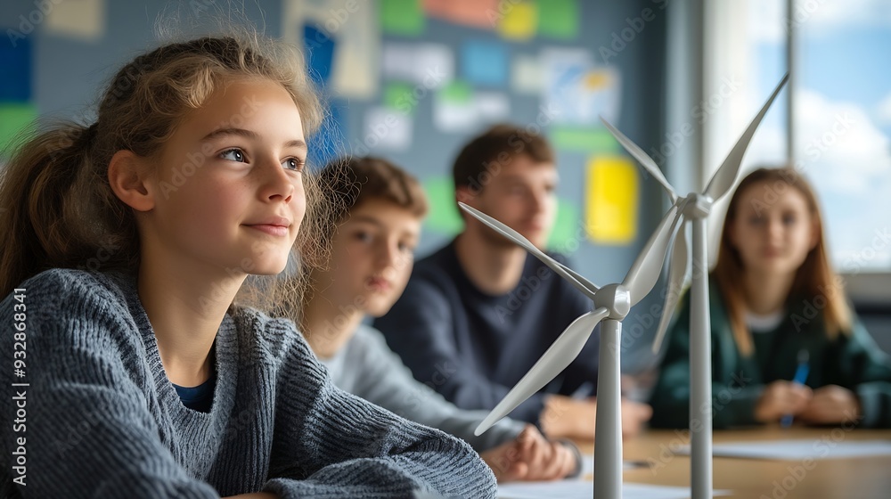 Poster Secondary Or High School Students Studying Wind Turbines In Science Class With Teacher In Background : Generative AI