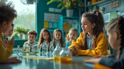 Obraz premium Primary School Children Learning Basic Information About Water Cycles Geography Teacher Educating Smart Diverse Kids in a Modern Colorful Classroom Schoolchildren Understanding Weather : Generative AI