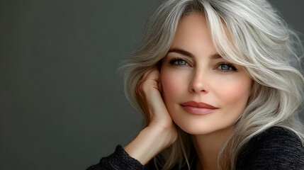 Fototapeta premium Portrait of a beautiful mature woman with gray hair and green eyes, looking at the camera with a subtle smile, her hand resting on her cheek.