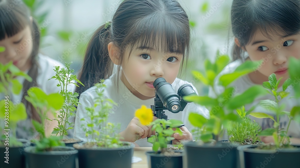 Aufkleber Learning students and children in classroom for microscope teacher and science for experiment of plants Container sample and observation of nature growth and development of kids with e : Generative AI