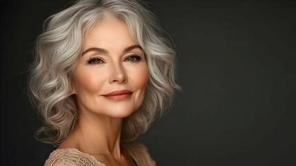 Fototapeta premium Portrait of a beautiful mature woman with silver hair smiling.