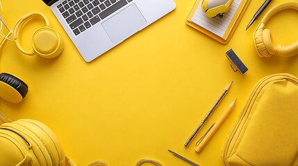 Back to school online education highcolored bright yellow background White laptop with school education supplies headphones pencil case and accessories top view flat lay copy space : Generative AI
