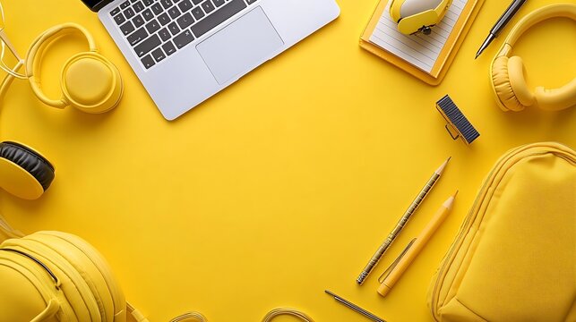 Back to school online education highcolored bright yellow background White laptop with school education supplies headphones pencil case and accessories top view flat lay copy space : Generative AI