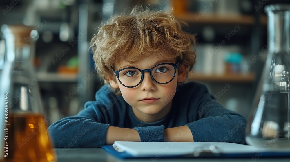 Poster portrait science and writing with boy student in laboratory for education experiment or research gla