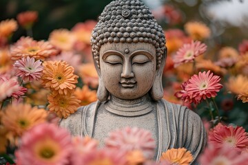 Buddha statue meditating peacefully surrounded by colorful flowers