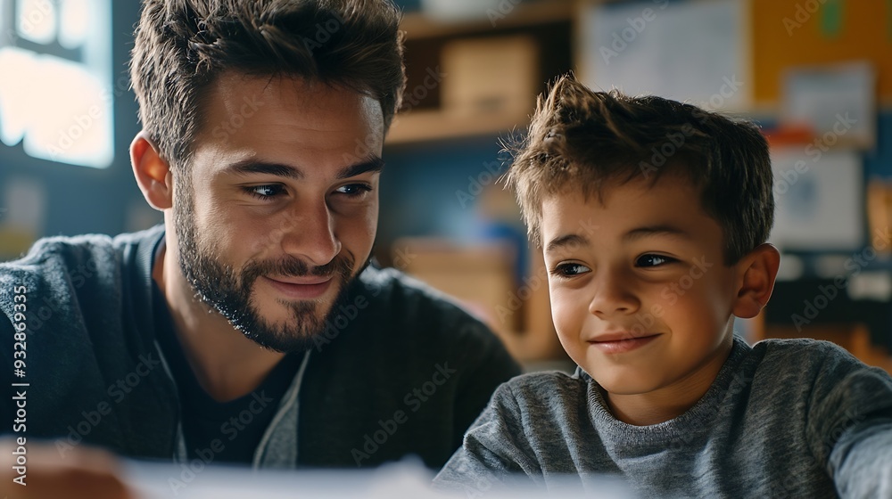 Poster teacher helping latin boy with assignment in elementary school classroom support scholarship and edu