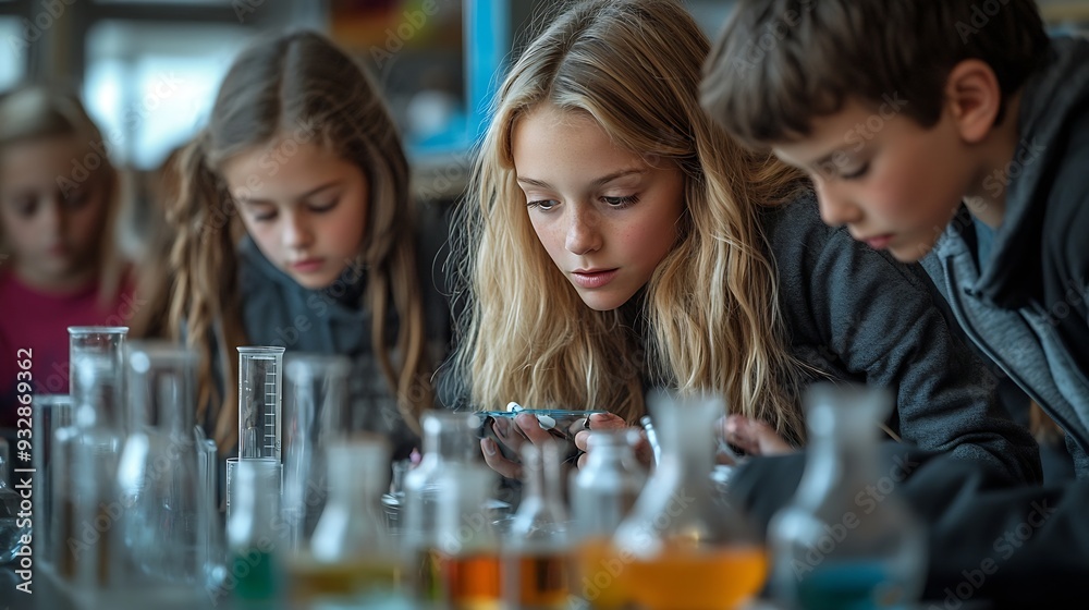 Aufkleber Teacher and students Learn and experiment with science in a school science classroom : Generative AI