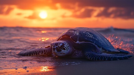 Closeup of a leatherback turtle laying her eggs during Trinidad and Tobagos nesting season Shot in Grande Riviere at dawn Sea turtle crawls back to the sea during a gorgeous sunrise : Generative AI