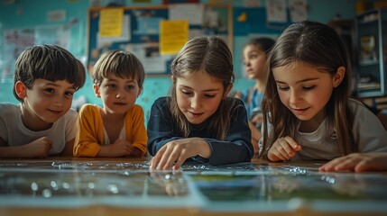 Primary School Children Learning Basic Information About Water Cycles Geography Teacher Educating Smart Diverse Kids in a Modern Colorful Classroom Schoolchildren Understanding Weather : Generative AI