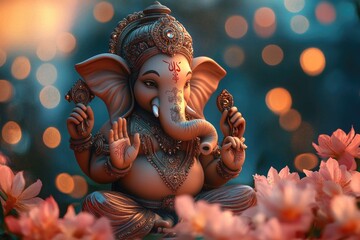 Lord ganesha idol sitting in a bed of flowers with bokeh lights