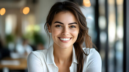 Portrait of a beautiful young woman smiling brightly.