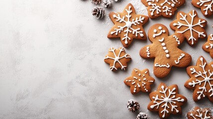 Christmas gingerbread cookies decorated with icing on grey background with fir branches