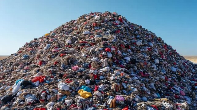 Massive pile of discarded clothing towers in arid landscape. Colorful garments form a mountain against clear blue sky, highlighting scale of textile waste crisis.	