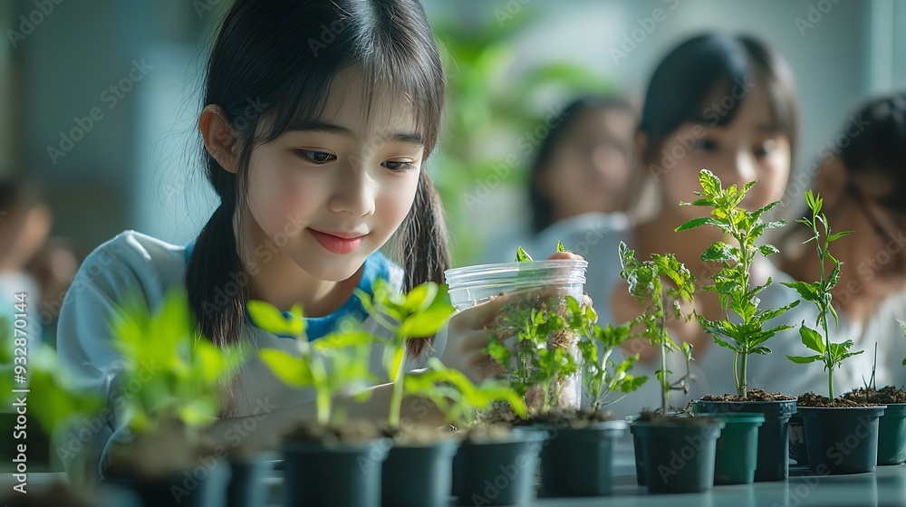 Poster science students and curious of plants children and teacher with container of sample of nature class