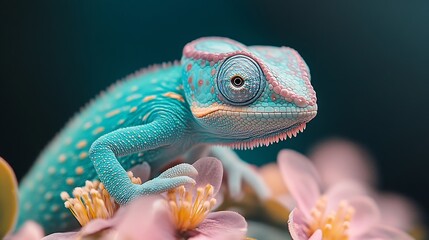 Fototapeta premium Chameleon on the flower Beautiful extreme closeup : Generative AI