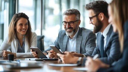 Happy business people and meeting with tablet in office for communication of company strategy and goals Smile corporate group and discussion with technology in boardroom for training i : Generative AI