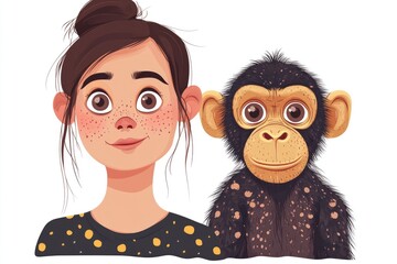 Fototapeta premium Young girl with freckles posing with a baby chimpanzee