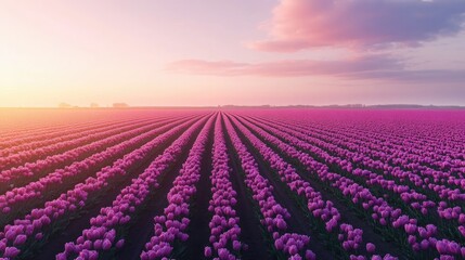 Fototapeta premium Purple tulip fields stretching into the horizon, vibrant and vast, breathtaking floral landscape